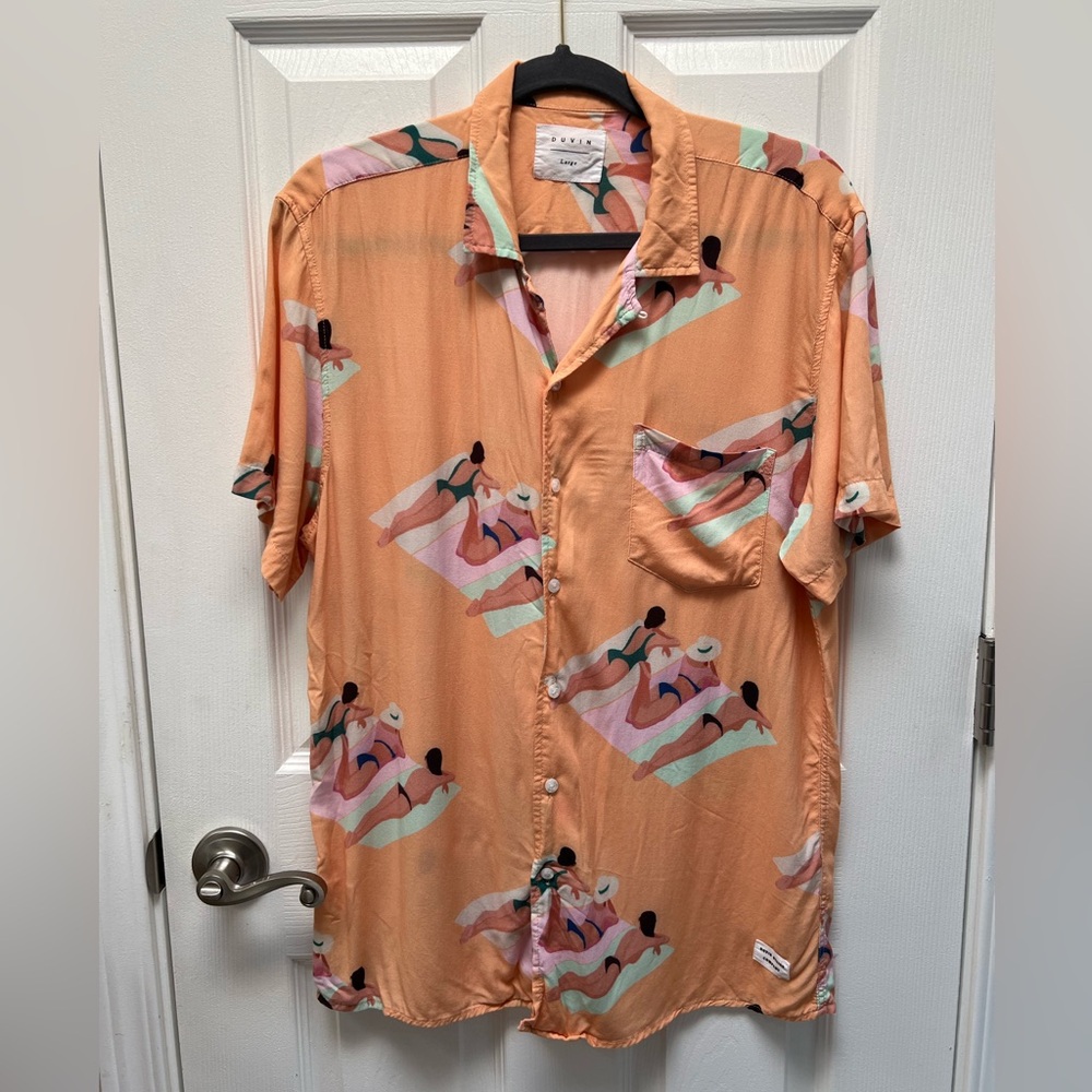 Duvin x Outer Banks Peach Men's Button Down Shirt With Bathing Women Size Large